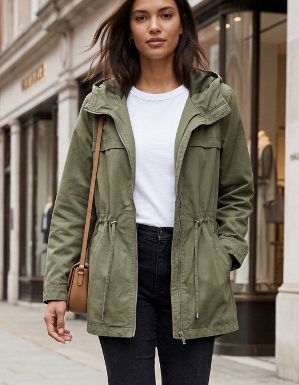 Halogen Hooded Rain Jacket Lined Cinch Waist Zip Pockets Olive Green XL